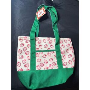 New Canvas Strawberry Print Tote Bag with Green Trim
